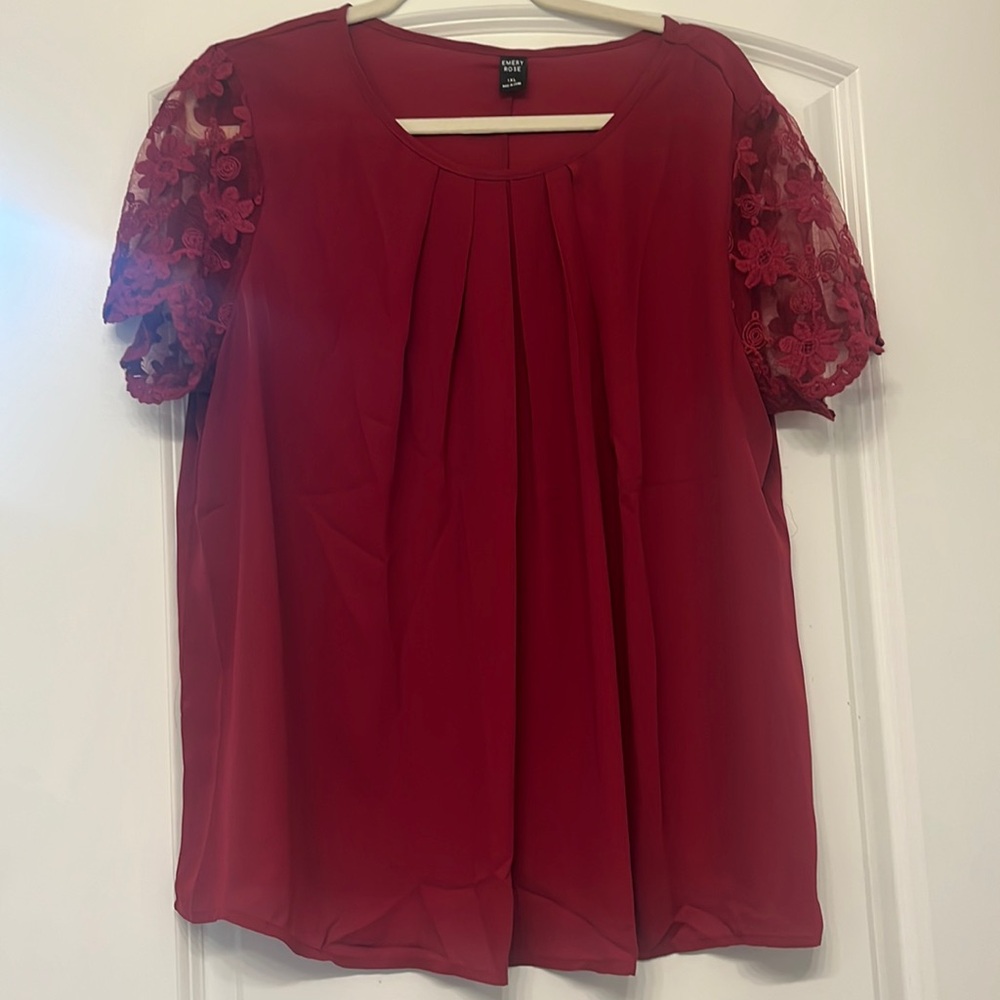 NWOT Emery Rose / SHEIN Burgundy Blouse with Floral Sleeves